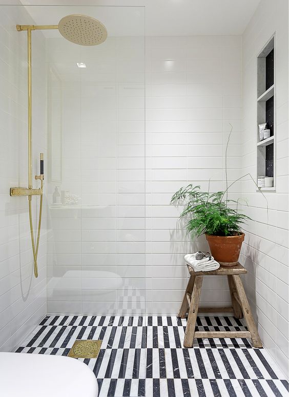 black and white striped bathroom floor tiles