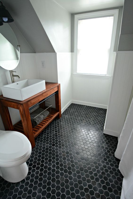 black hexagon bathroom floor tiles