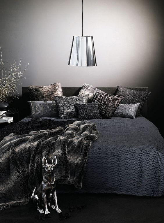 bedroom bedding masculine fur throw cozy bed grey dark gray comfy bedrooms faux silver linens linen aura soft mens decor