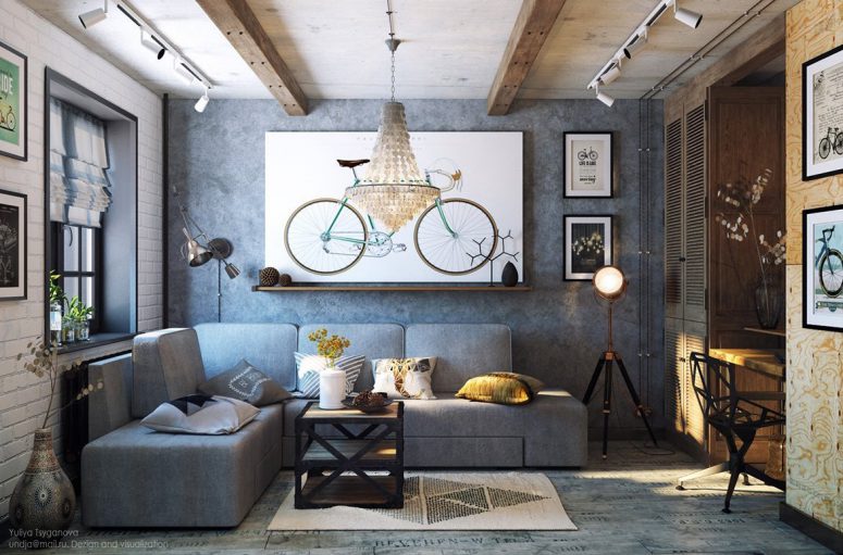 industrial living cozy grey eclectic modern chic designs spaces tones done digsdigs decorating space bike