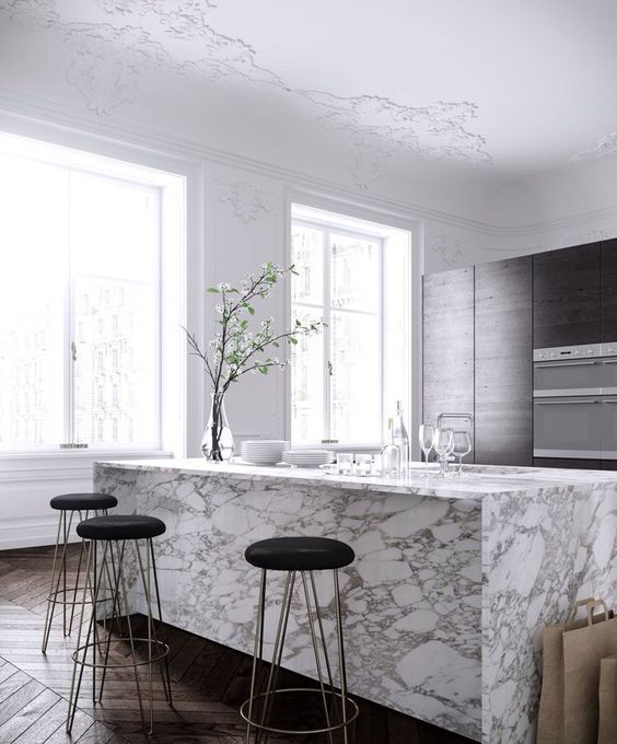 marble kitchen benchtop with waterfall edge and overhang