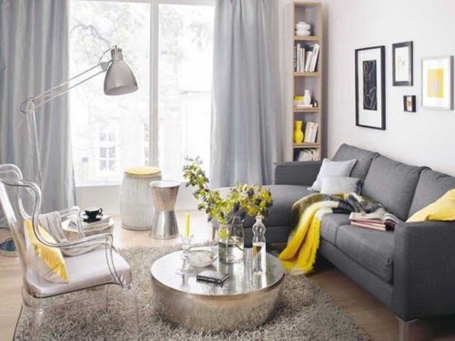 18 dark grey sofa dove grey curtains yellow textiles and a vase