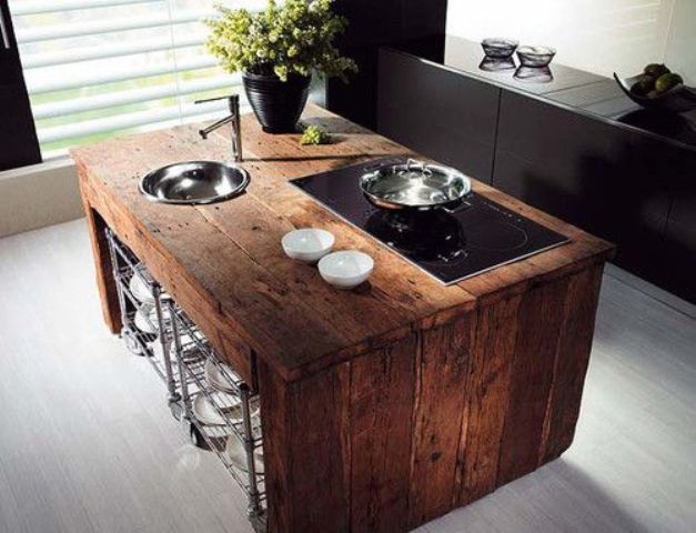 butcherblock waterfall countertop to give a raw touch to a modern sleek kitchen