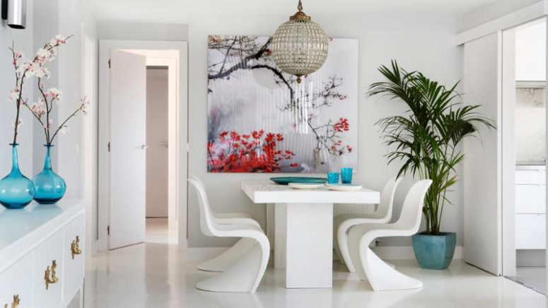 Vivacious Crispy White Apartment With Bold Touches The dining space united with the living room is minimalist and reminds of Japanese culture