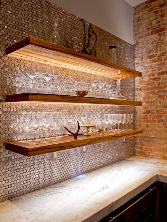 copper penny tiles look good with wooden shelves