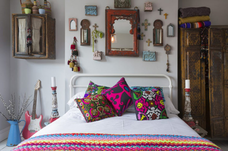 The kid's room is boho chic, with lots of colorful detail and touches