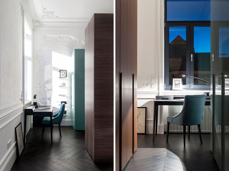 Off to the side of the closets is a small area for a quite work desk with views outside