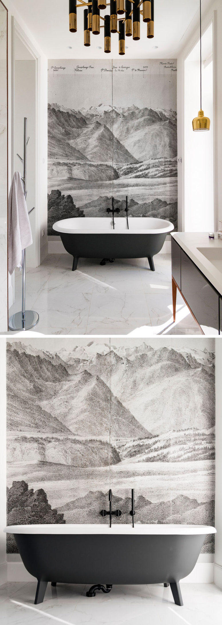 The mural creates a mood and catches an eye in the bathroom