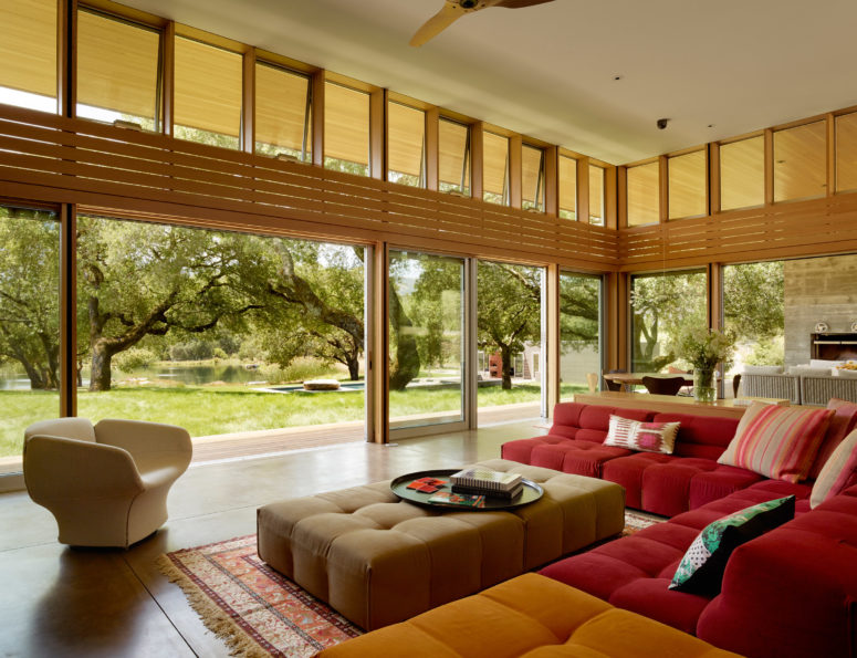 glass window doors The living room is colorful, and can be opened to outdoors with glass doors
