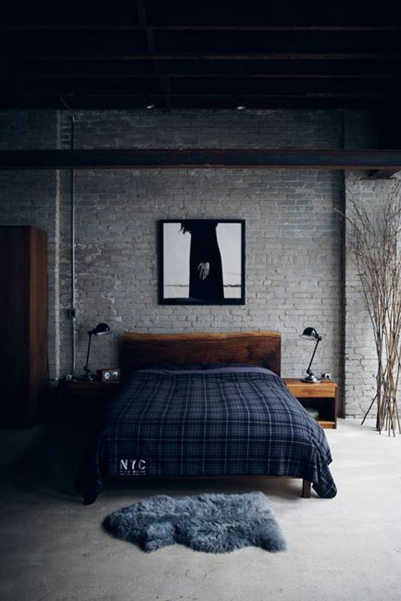 bedroom industrial bed masculine wood rustic furniture grey inspire bedrooms master frame brick dark bachelor decor interior mens digsdigs decorating