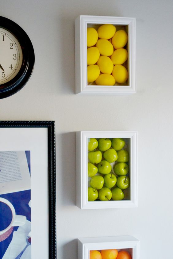 colorful kitchen wall art with fake fruits looks awesome