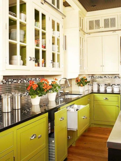 lime green and creamy cabinets create a bold combo