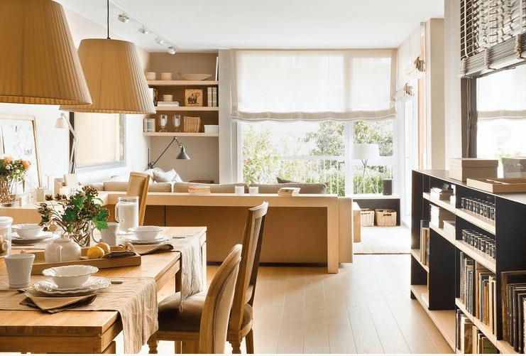 Cozy Neutral Living-Dining Room With A Home Office - DigsDigs