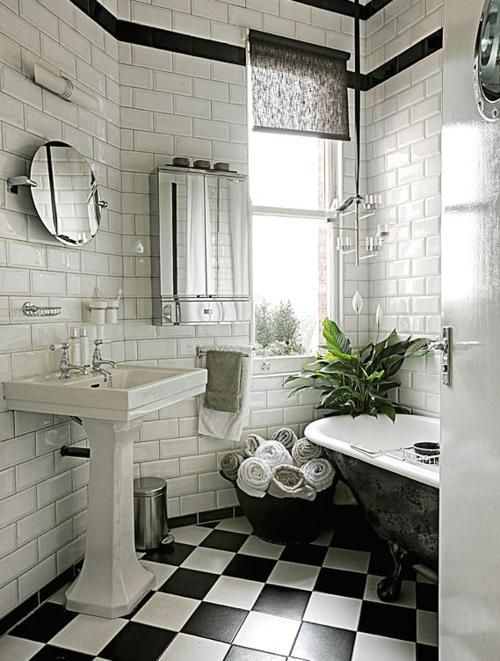 black and white checked bathroom floor tiles