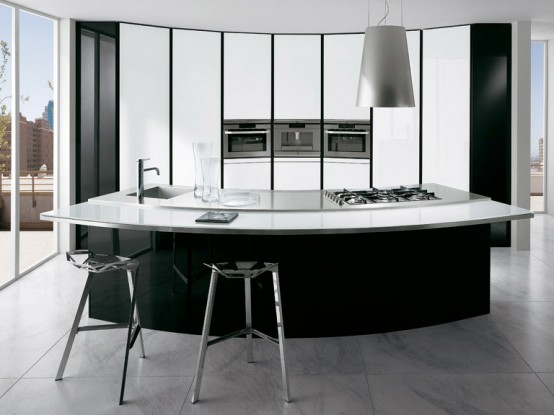 black and white kitchen, black and white kitchen design, black and white kitchen furniture, curved kitchen cabinets, curved kitchen designs, curved kitchen island, Ernestomeda, modern kitchen design, modern kitchen design ideas