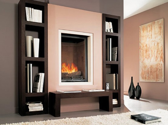 Built In Fireplace With Wooden Shelves Biblio By Chazelles