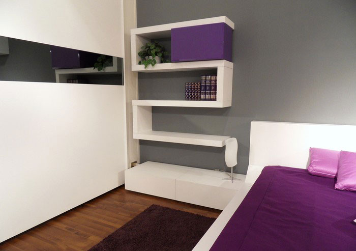 Modern Bedroom Design with Original Wall Shelves bedroom furniture,bedroom shelves,beds for modern bedroom,bookshelves,minimalist bed,minimalist bedroom set,modern bed design,modern bedroom designs,modern bedroom ideas,modern bedroom inspiration,modern bookshelves,shelves system,wall shelves,white bed,bedroom designs