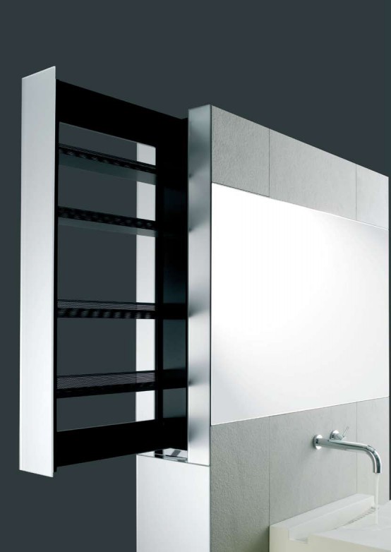 bathroom storage cabinets,bathroom storage unit,clever furniture,laundry room storage,mirror storage system,mirror with shelves,omvivo,shelves hidden in a wall,sliding shelves,smart storage,storage furniture,wall storage units,bathroom appliances,mirrors