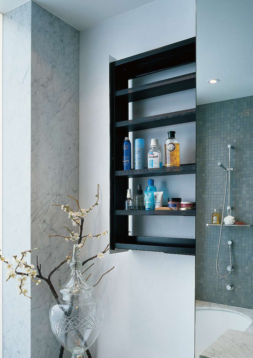 bathroom storage cabinets,bathroom storage unit,clever furniture,laundry room storage,mirror storage system,mirror with shelves,omvivo,shelves hidden in a wall,sliding shelves,smart storage,storage furniture,wall storage units,bathroom appliances,mirrors