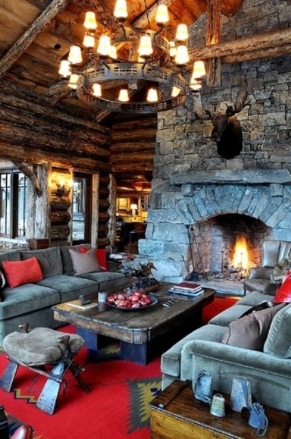 rustic living cozy airy designs interior cabin fireplace lodge rooms stone decorating lounge wood furniture digsdigs decor mountain interiors masculine
