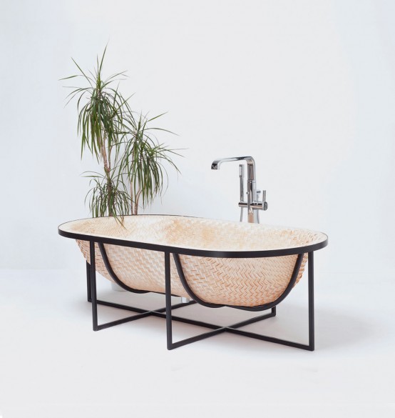 Asian Boat-Inspired Bathtubs Made Of Pressed Woven Veneer - DigsDigs