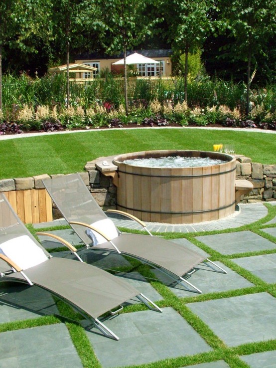 Wooden Hot Tub That Connects Two Lawn Levels And Looks Like It Is Built In