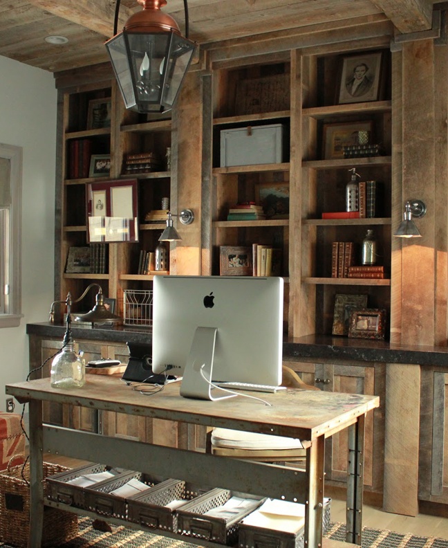 Industrial style rustic home office with metal shelves and chairs