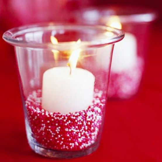 Love this Valentine's votive idea using sprinkles! Perfect for Valentine's candy decor!