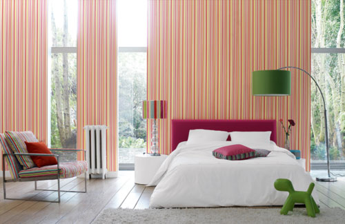 Bedroom With Colorful Thin Stripes On Walls