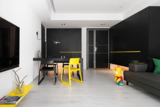 Black And White Minimalist Apartment With Pops Of Yellow Black And White Minimalist Apartment With Pops Of Yellow