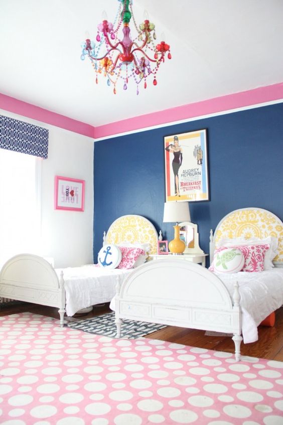 pink teen shared bedroom rooms navy country paint chic accent phoebe colors inviting myoldcountryhouse bedrooms teenage yellow striped bed petersik
