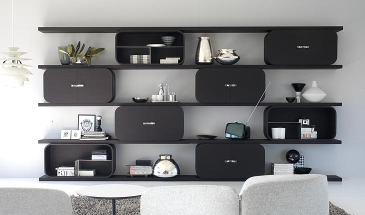 Shelving System With Curved Plywood Frames and Digital Print Covers