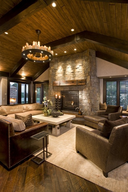 living rooms cozy barn inviting rustic fireplace country modern cabin warm source decor ceiling dream wood chandelier ceilings furniture digsdigs