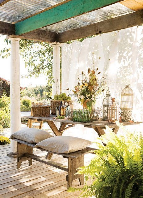 patio rustic designs cozy outdoors porch outdoor digsdigs roof curtains curtain tin covered deck garden porches pergola outside front living