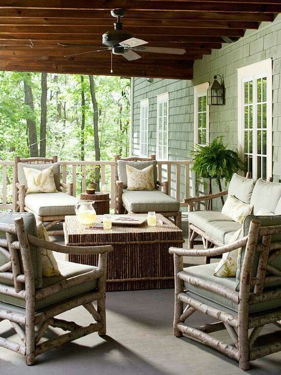 rustic patio cozy designs furniture outdoor patios digsdigs porch porches front decor built covered bhg birch chairs better homes screened