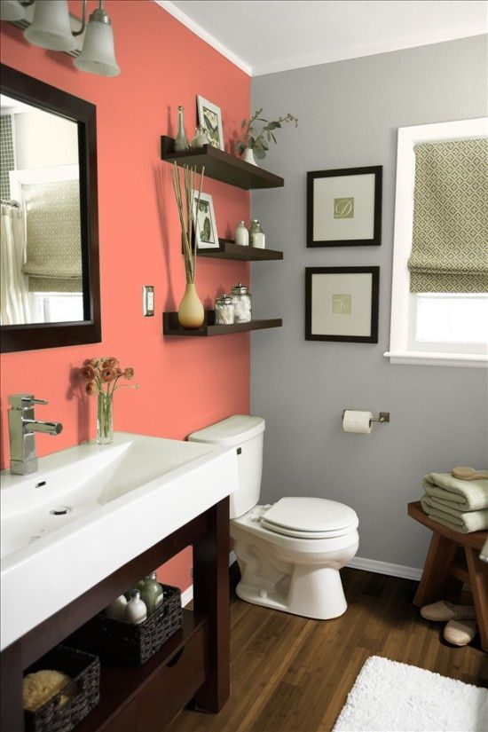 coral grey decor bathroom colors walls gray accent paint scheme shelves bath olive master shelving toilet living colored digsdigs colour