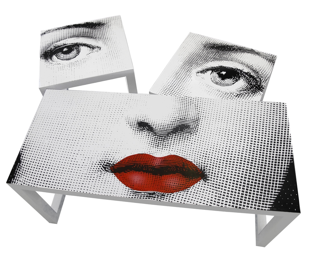 Kiss tables by Fornasetti continue the series of furniture with a portrait 