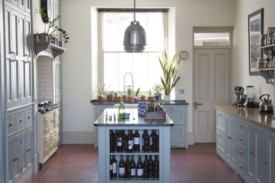 Farrow and Ball Green Blue and Farrow and Ball Mouse's Back kitchen