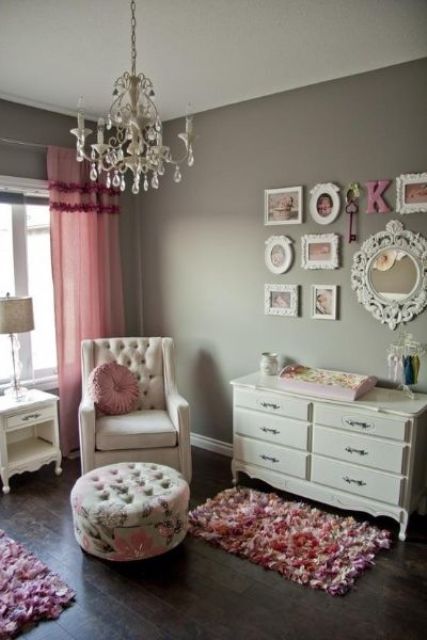 pink grey decor metallic bedroom gray trendy nursery baby rooms antique chic colors chandelier girly walls feminine paint dark light