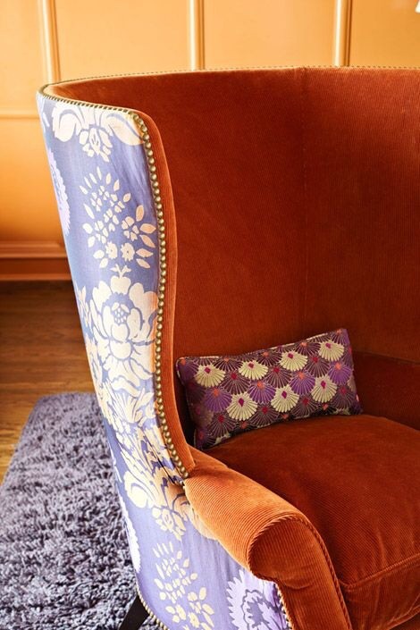 upholstery orange furniture mixed chair fabrics wing decorating traditional chairs wingback living pieces interior fabric upholstered contrasting chicago apartment delightful
