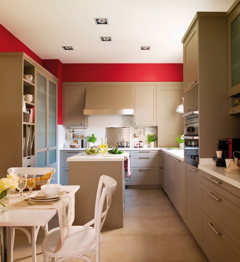 Modern Beige Kitchen Design With Red Walls | DigsDigs