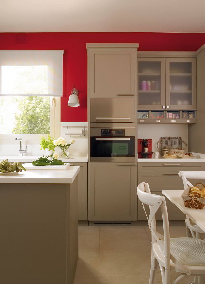 Modern Beige Kitchen Design With Red Walls | DigsDigs