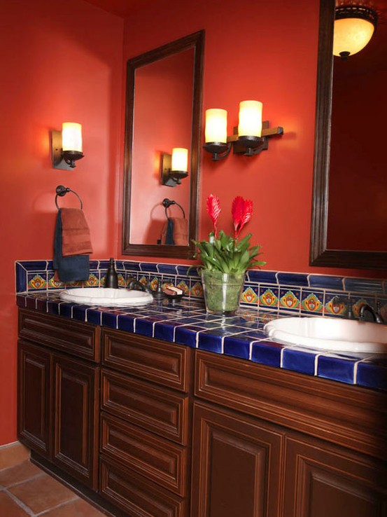bathroom spanish bathrooms cool bold tile digsdigs orange decor paint designs colors mexican tiles complement burnt timber brown candle hgtv