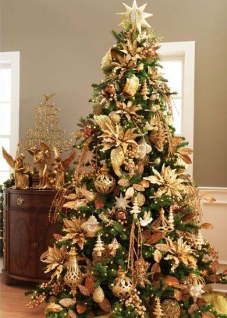 christmas gold sparkling decor tree decorations digsdigs decorating golden decorated trees décor source raz cream theme copper ornaments