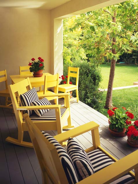 yellow patio deck party outdoor porch sunny designs small perfect decks chairs furniture designed living red comfortable spaces creating mellow