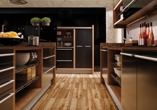 Glossy Lacquer With Natural Wood Kitchen Design