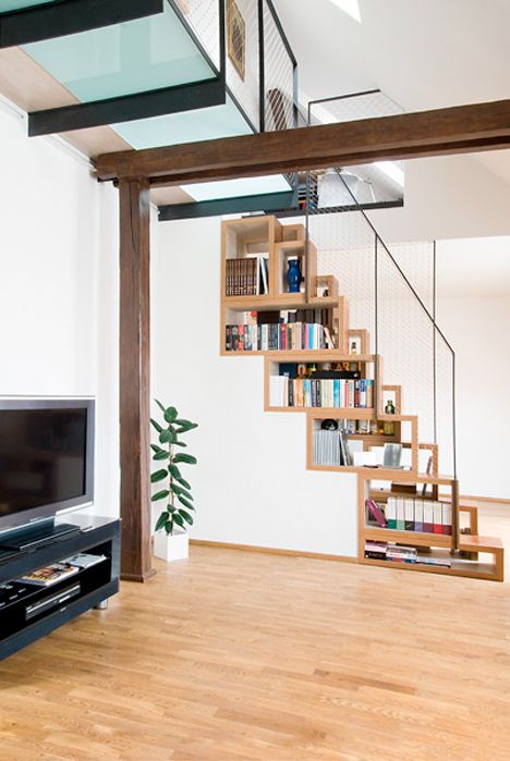 book shelves in the steps