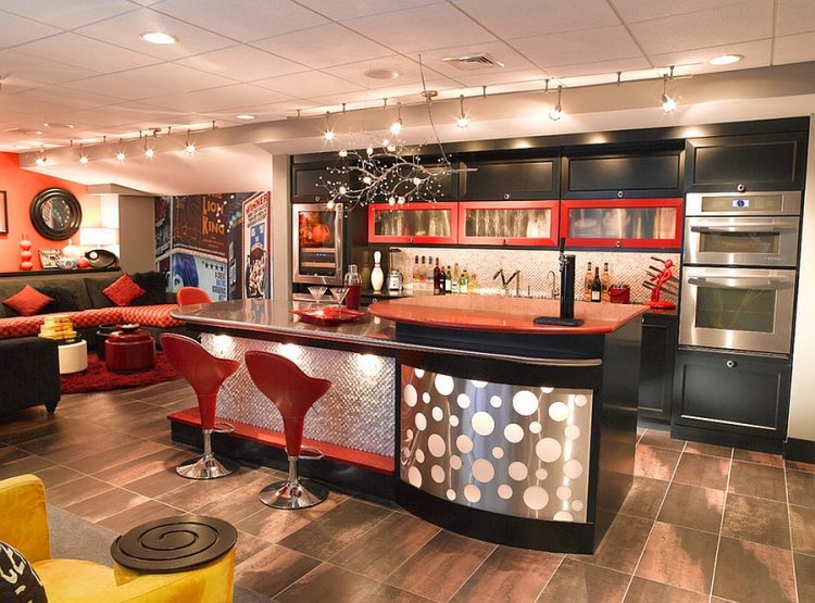 04 70s inspired basement bar with red touches 750x555