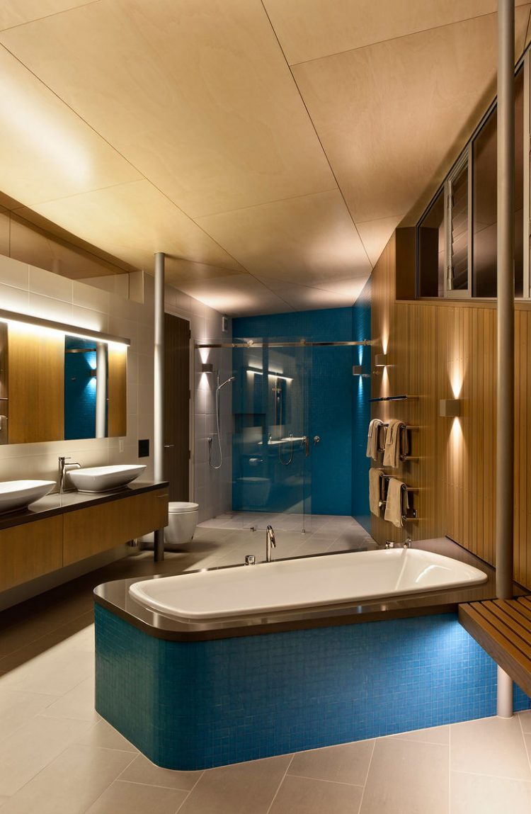The bathroom is also clad with wood but also with blue tiles