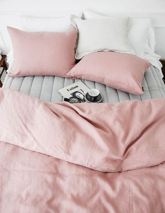 blush and grey bedding